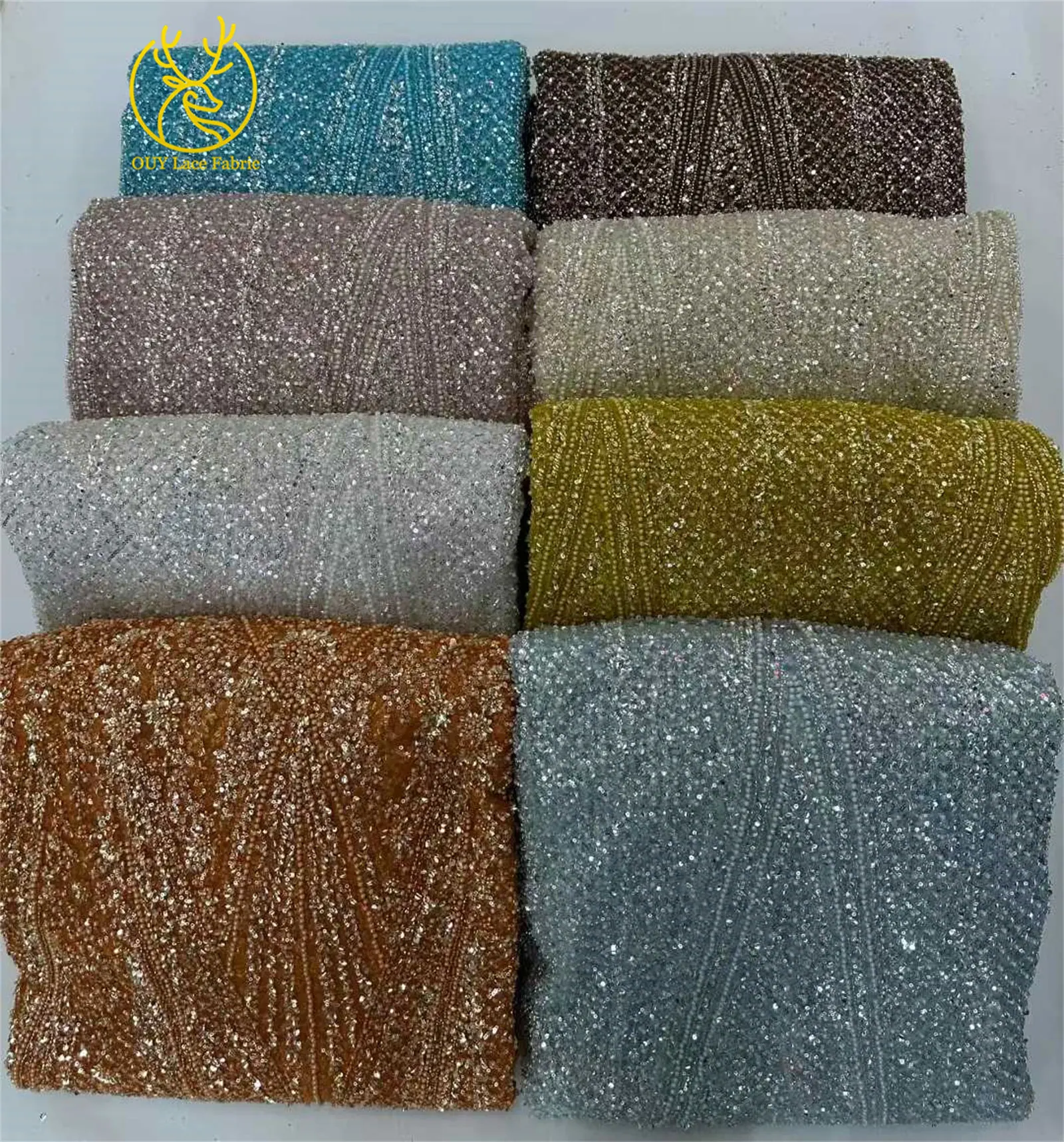 Meeresblau 2025, neuer afrikanischer handgefertigter Perlen-Pailletten-Spitzenstoff, französisch-nigerischer Tüll-Spitzenstoff, geeignet zum Nähen von Abendkleidern