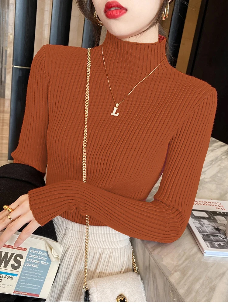 Beiläufige Dünne Elegante Solide Grund Gestrickte Tops Frauen Rollkragen Pullover Langarm Pullover Koreanische Mode Einfache Chic Kleidung