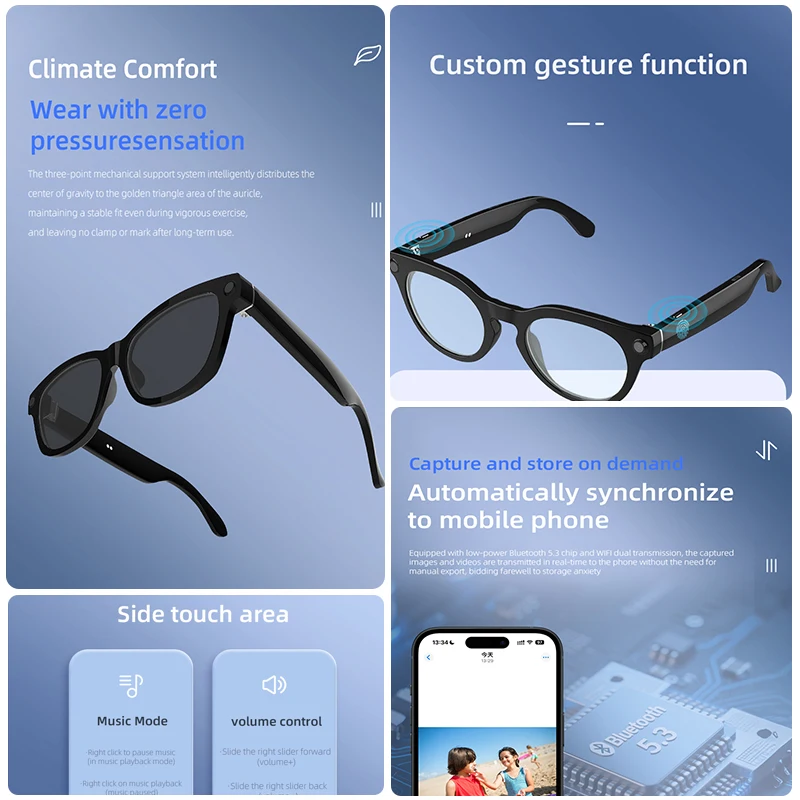 AI Smart Glasses object recognition Real-Time Translation Voice Assistant Noise Reduction APP Built-in storage Smart Glasses