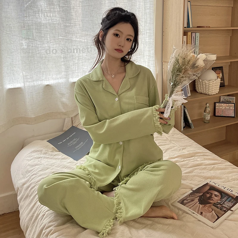 2024 new cardigan small lapel imitation cotton pajamas women's suit plain lace waffle simple casual long-sleeved home clothes