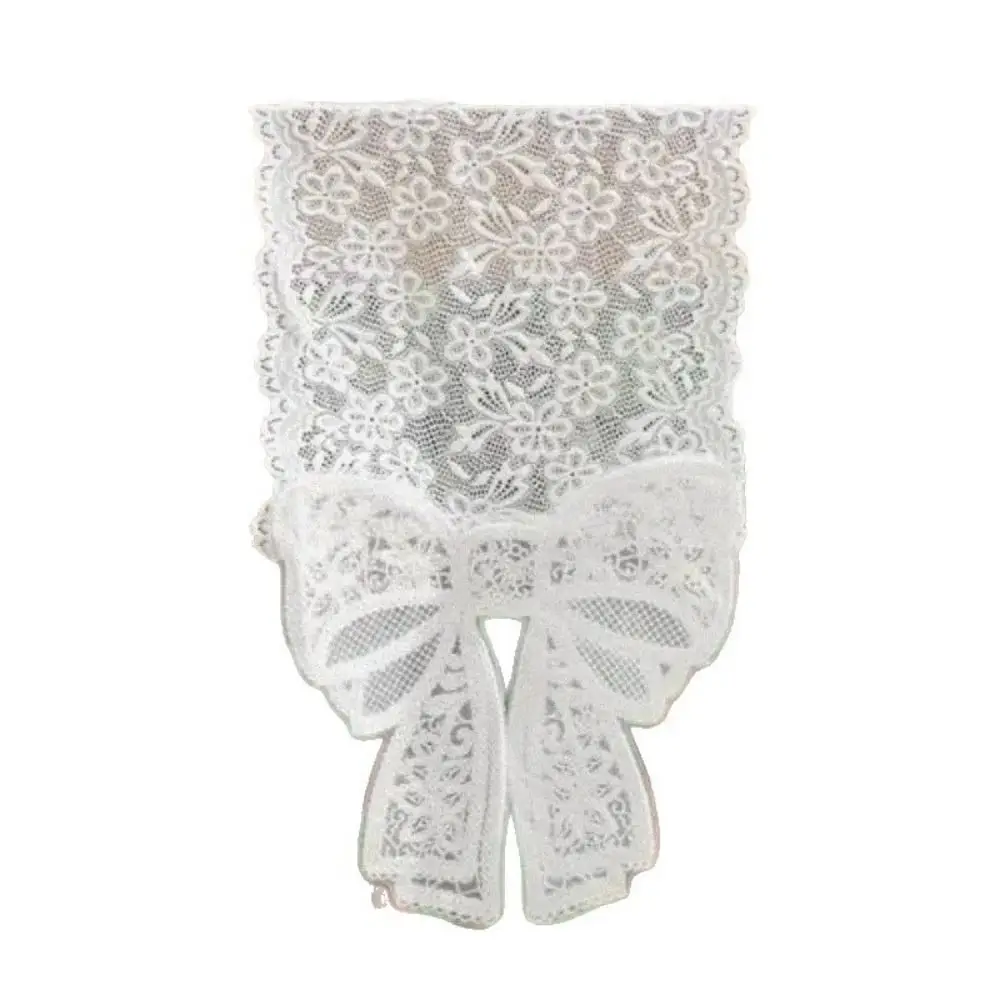 Vintage White Lace Table Runner with Big Bow Ends Floral Table Flag Rectangle Embroidered Tablecloth Home Decor