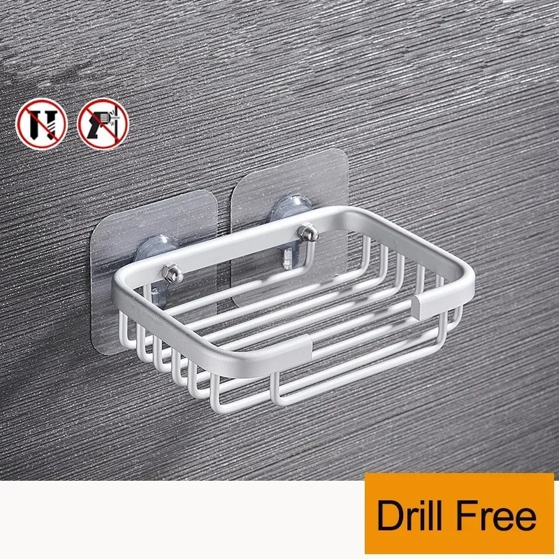 Drill Free Wall-mounted Soap Holder Sponge Dish Holder No Drilling Aluminum Adhesive Soap Dish Holder Rack Metal Soap Holder