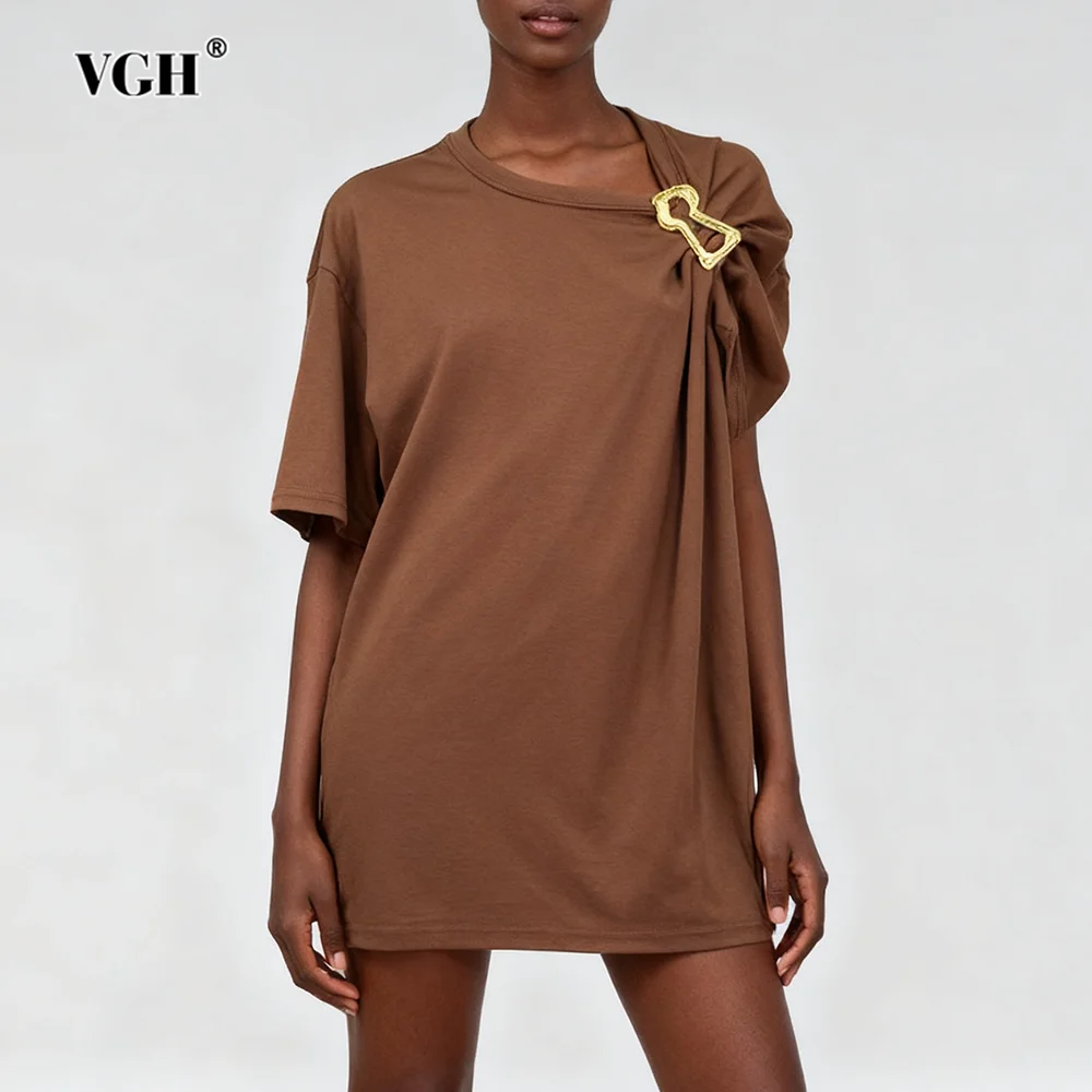 

VGH Solid Irregular Slimming T Shirts For Women Round Neck Short Sleeve Spliced Metal Summer Design Sense Folds T Shirt Female