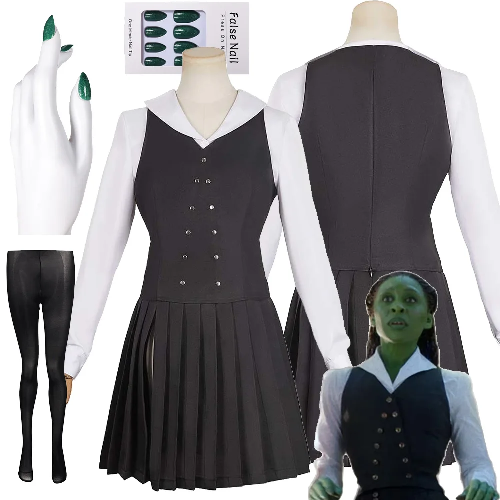 Movie Wicked Elphaba Cosplay Costume Uniform Skirt Shirt Vest Fake Nail Tips Women Adult Outfit Halloween Carnival Fantasia Suit