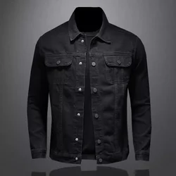 Men's High-Quality Fashion Black Denim Jacket Handsome Trend Button Multi-pocket Solid Color for Casual Wear