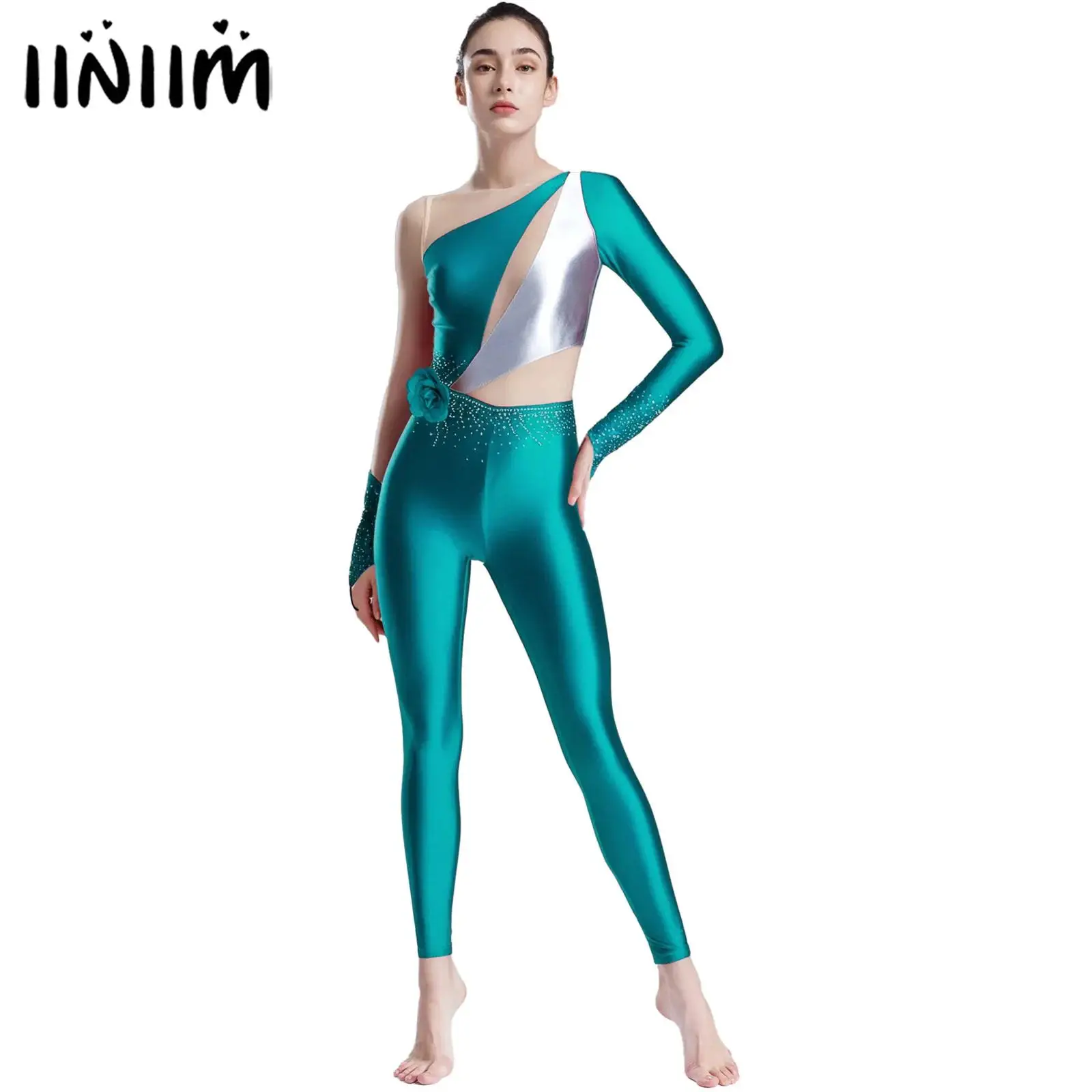 

Womens Gymnastics Figure Skating Ballet Dance Unitards Jumpsuit Metallic Shiny Shiny Rhinestone Slim Rompers Bodysuit Costume