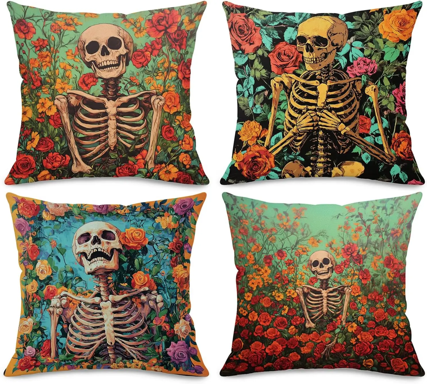 Sugar Skull Pillow Covers – Floral Skeleton Art 4-Pack Cushion Covers for Halloween, Day of the Dead, Gothic Home Décor