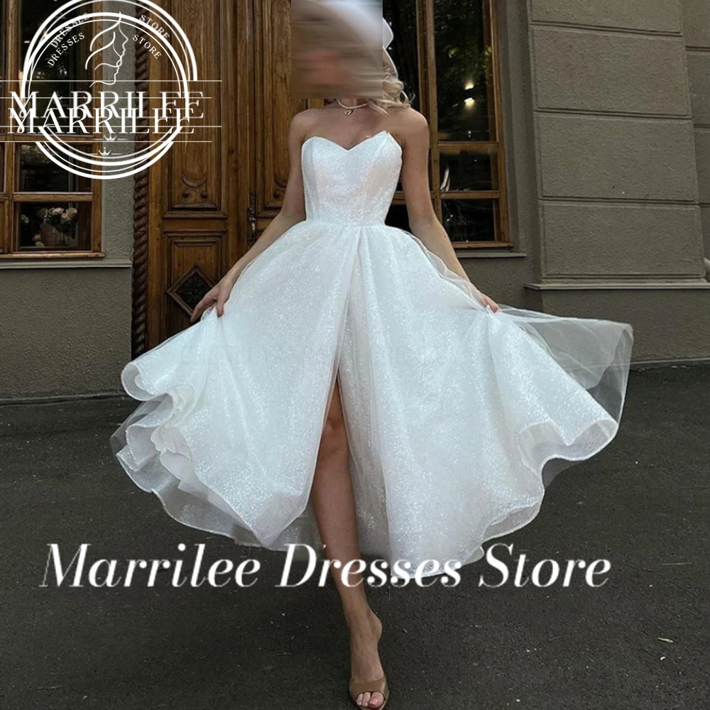 Marrilee-vestidos de noche brillantes, sexys, sin tirantes, corte en A, con abertura lateral, sin mangas, largo hasta el té, vestido de graduación