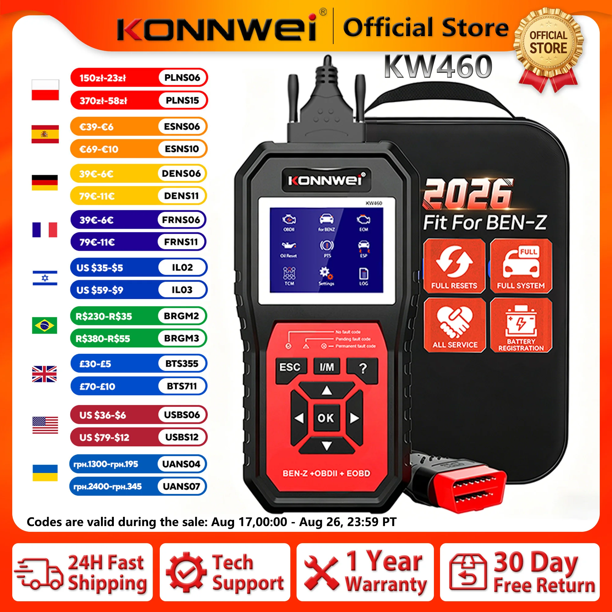 KONNWEI KW460 Auto OBD2 Vollsystem-Diagnosescanner für Mercedes-Benz mit ABS SRS Airbag Öl-Service EPB DPF TPMS Reset-Funktionen