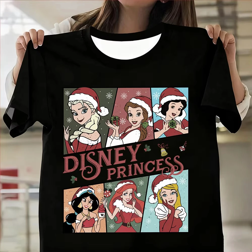 Camiseta con estampado navideño de princesa de Disney para mujer, camiseta transpirable de talla grande, ropa deportiva de manga corta estilo Y2k a la moda