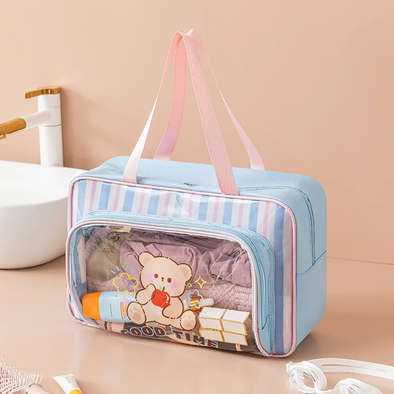 

Transparent PVC Swim & Gym Bag, Waterproof Dry Wet Separation Tote, Cute Cartoon Print Large Capacity Beach Organizer