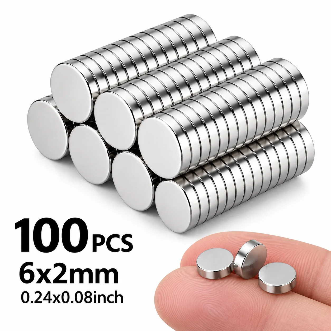Small Round Disc Magnets 100 Pack, Silver Magnets for Refrigerator, Photo, Note, Home, Office, School, Craft and Board Use,6x2