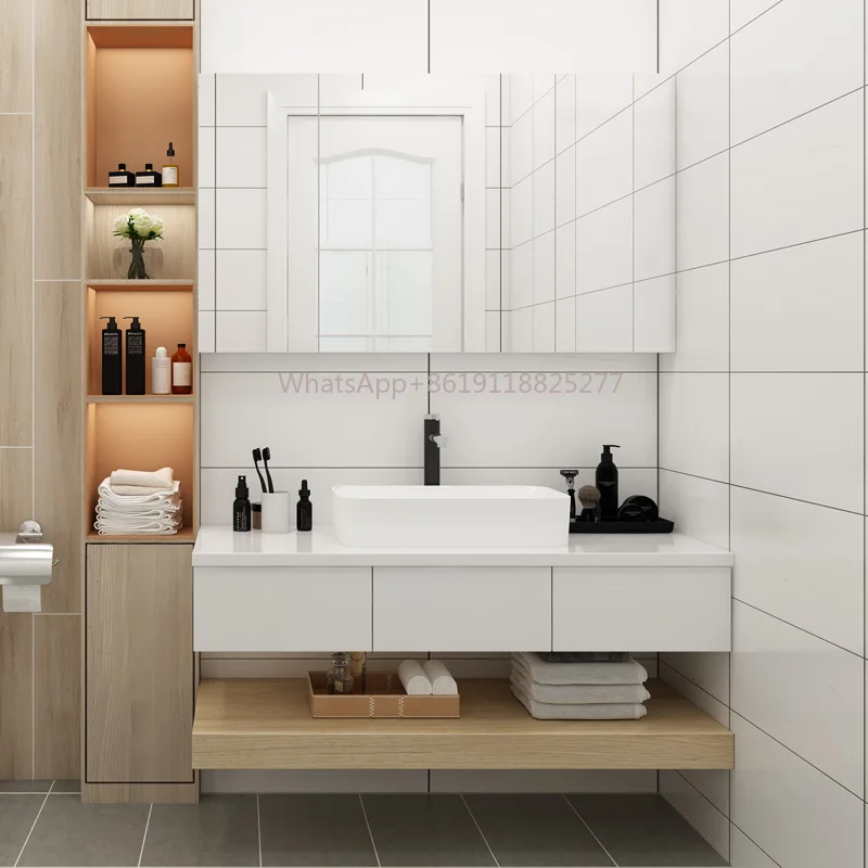 Lavabo de mármol con espejo inteligente, mueble de baño, combinación de lujo inteligente, moderno y minimalista