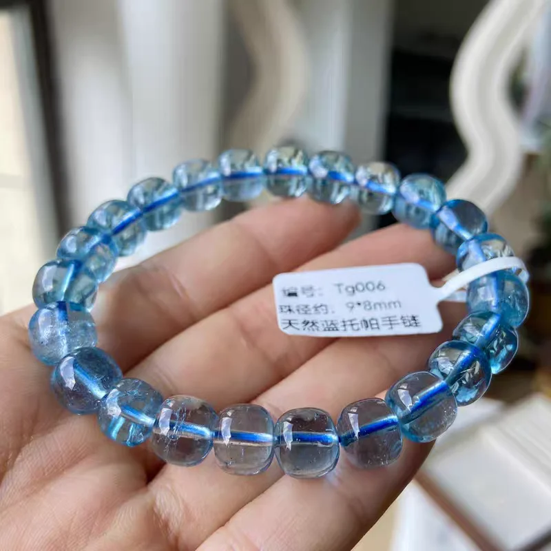 

Natural Blue Topaz Clear Apple Barrel Beads Bracelet Jewelry Woman Men Healing 9x8mm Fashion GIft 7mm 8mm AAAAAA