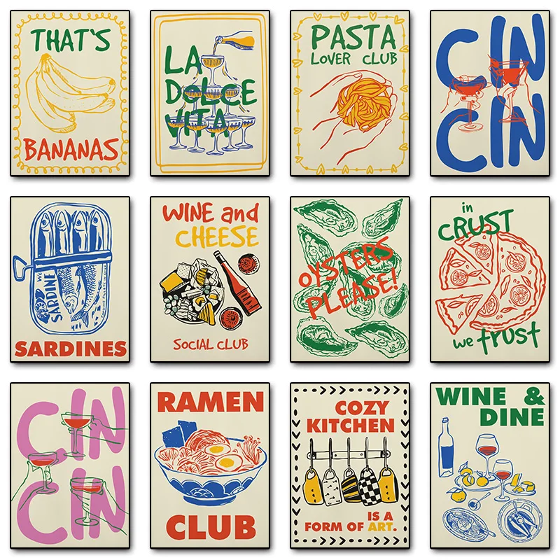 Retro italiano cóctel Pizza japonés Ramen Club vino queso comida cartel impresión pared arte imágenes lienzo pintura habitación hogar De