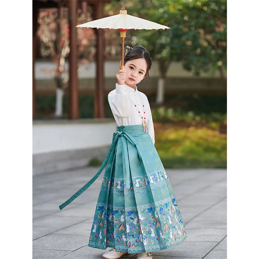 Vestido chinês hanfu para meninas, bordado tradicional, saia com cara de cavalo para crianças, princesa Hanbok, verão, novo, 2022