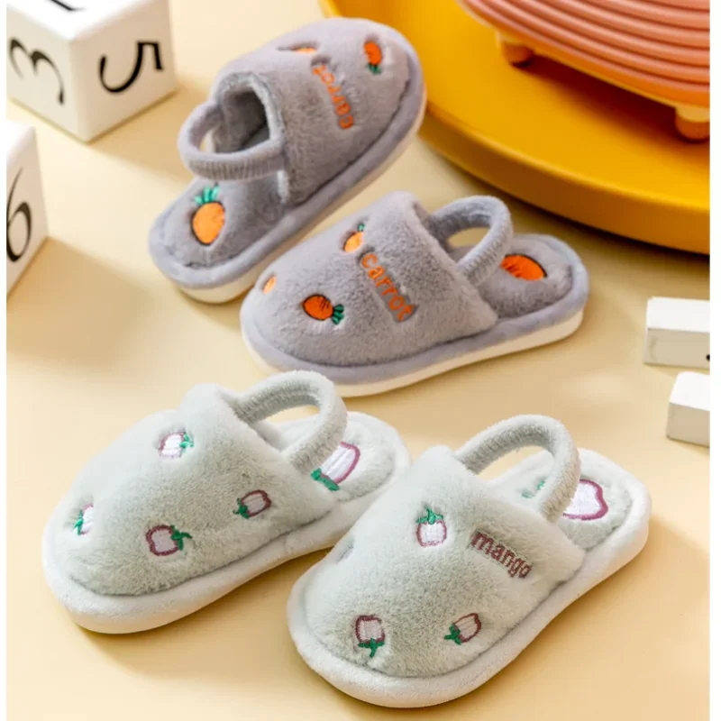 Children Cotton Slippers Solid Warm Kids Winter Home Shoes Boys Girls Plush Floor Shoes Indoor Soft Sole Anti-slip Cotton Shoes