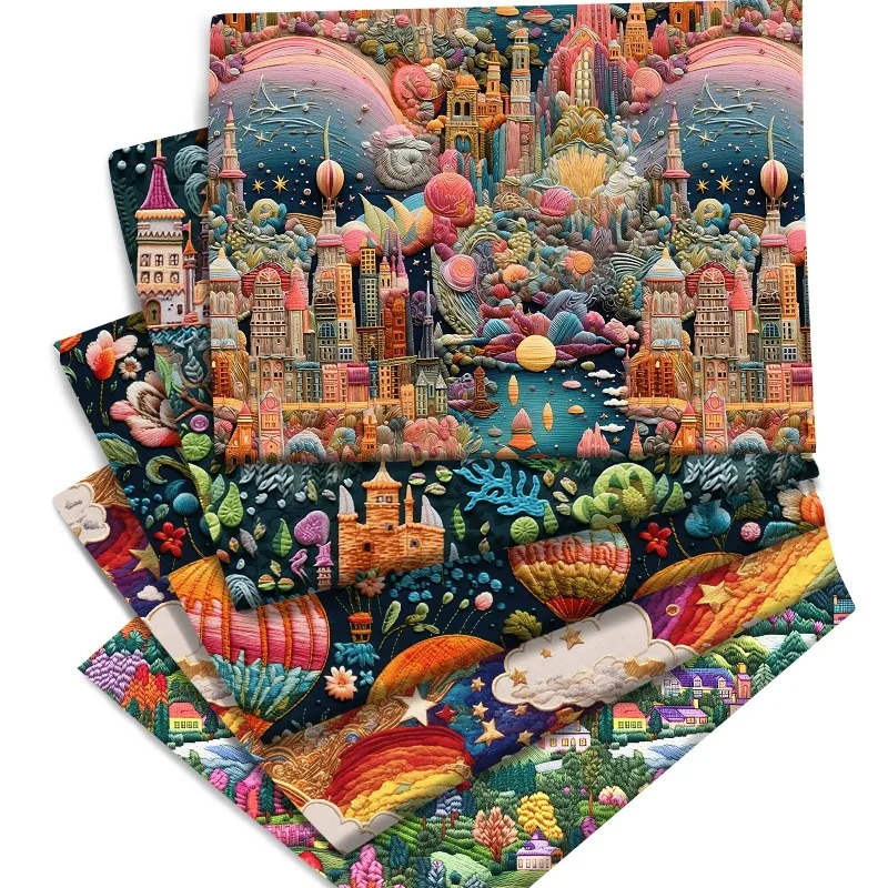 

Castle Imitation Embroidery Printed Waterproof Fabric for Handmade Hemp Rope Weaving Lining Design Cloth By The Meter Sewing