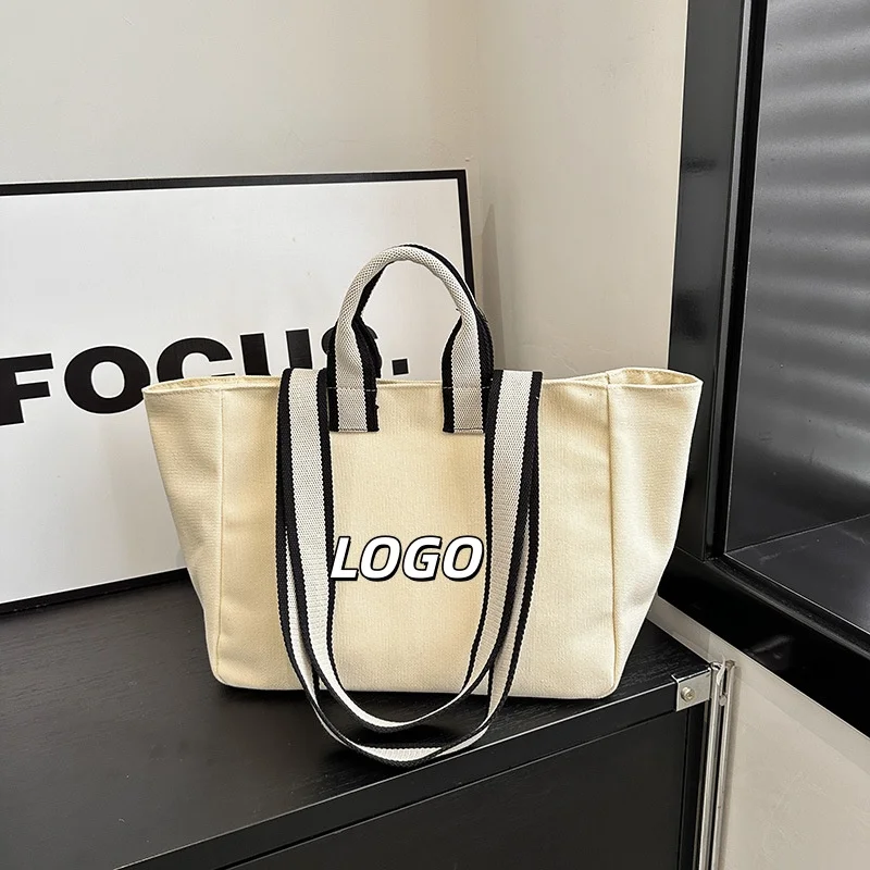 Custom Logo Canvas Tote Bag Double Handle Stripe Shoulder Handbag Large Capacity Reusable Shopping Bag For Daily Work Travel