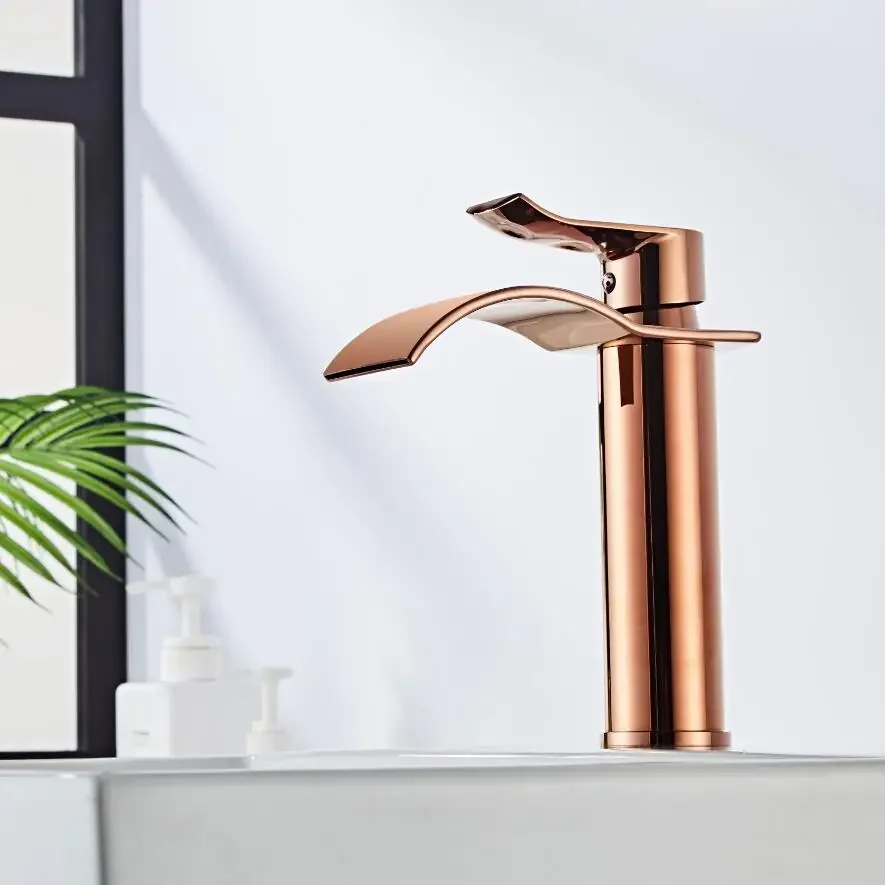 Basin Faucet Rose Gold  Waterfall Brass Bathroom Bathroom Basin  Mixer Tap Hot and Cold Sink faucet