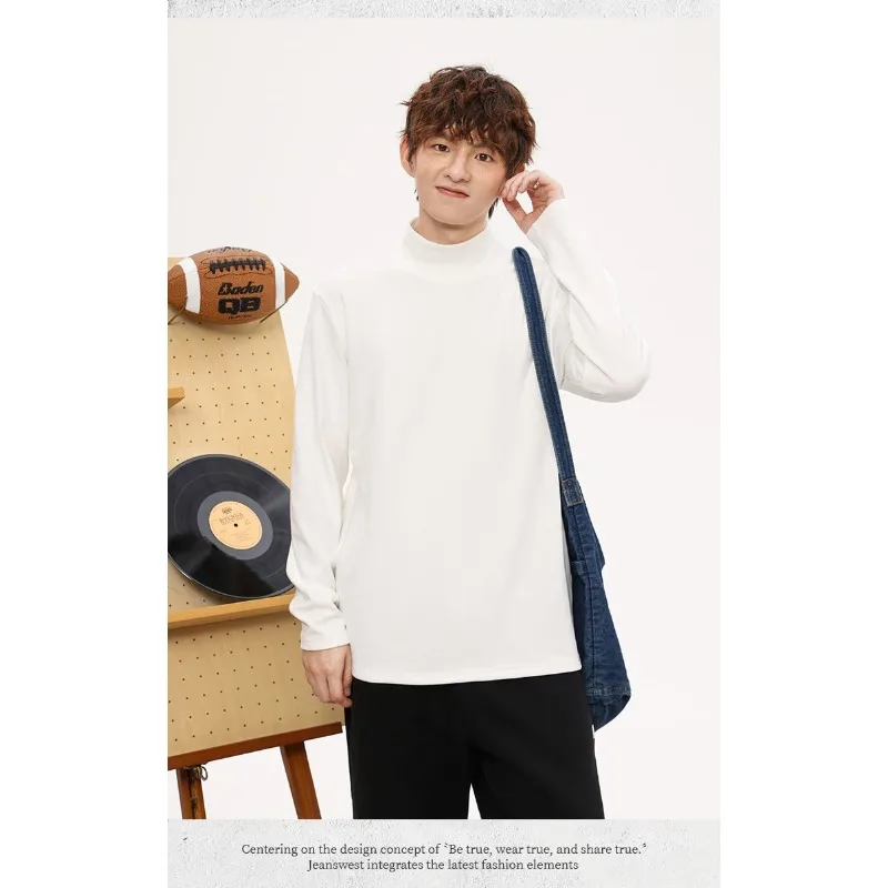 Men's Half Turtleneck Double-sided Fleece Long Sleeve T Shirt Winter Warm Loose Inner Top Gray Basic Undershirt