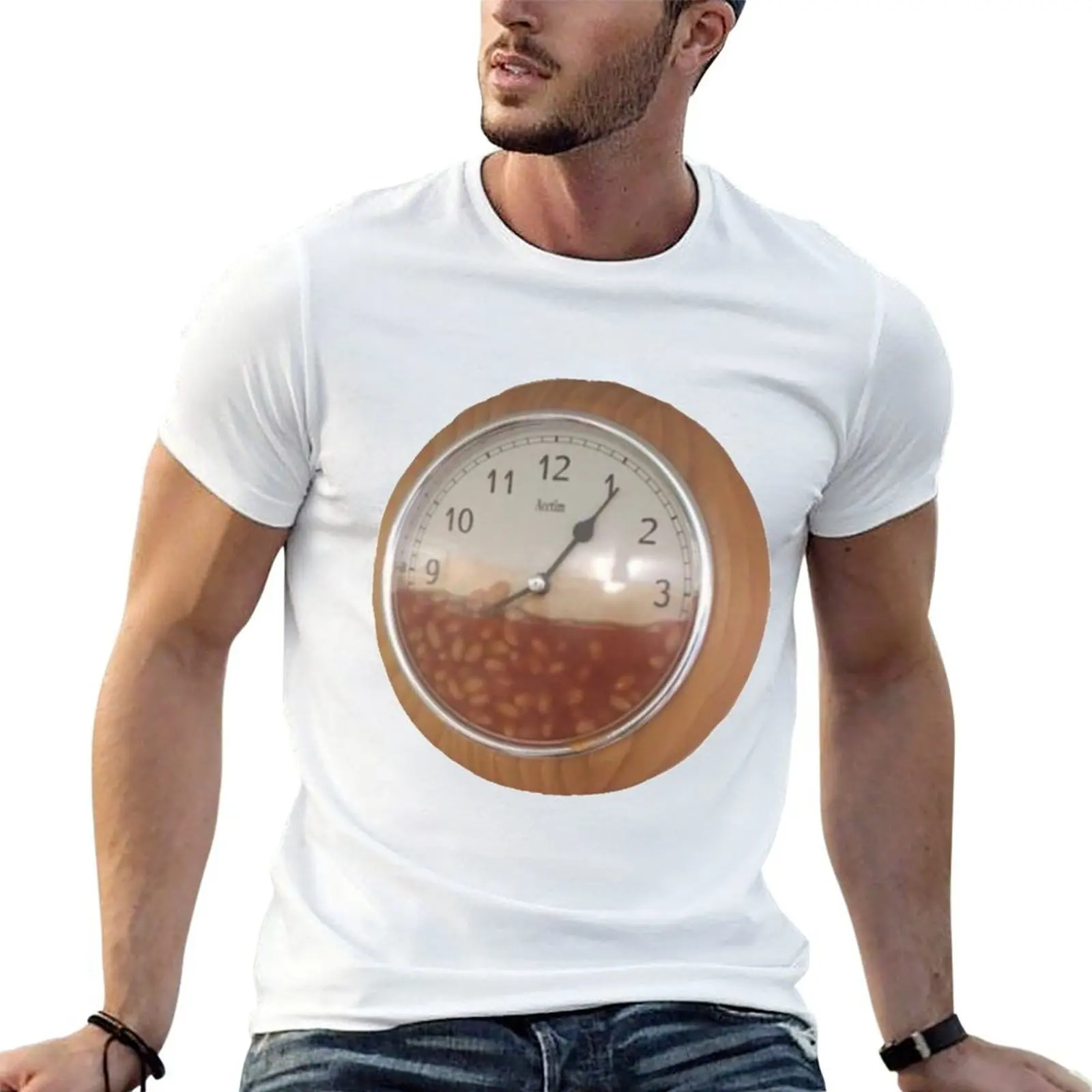 cursed image of baked beans in a clock. T-Shirt Funny t-shirts graphic tee shirt funny t shirts for men