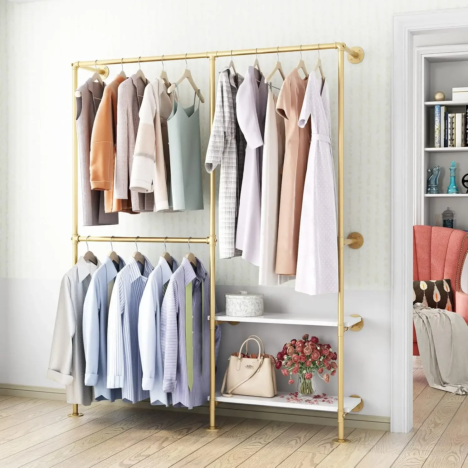 Gold Pipe Clothes Rack White Shelf Double Hanging Rod Wall Mounted Heavy Duty Clothing Storage Closet Bedroom