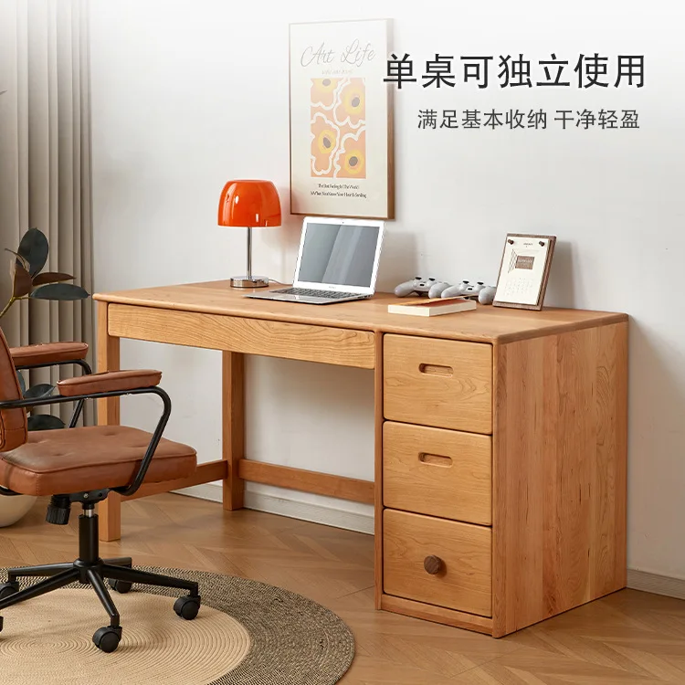 Storage table Bookcase integrated writing table Cherry wood solid wood household student table Desk bookshelf integrated