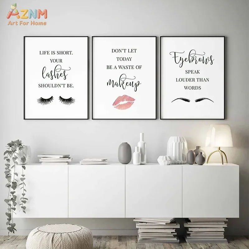 AZNM Makeup Beauty Quote Canvas Wall Art, Eyelash Lipstick Cosmetic Watercolor Poster Print, Frameless Canvas Painting for Makeu