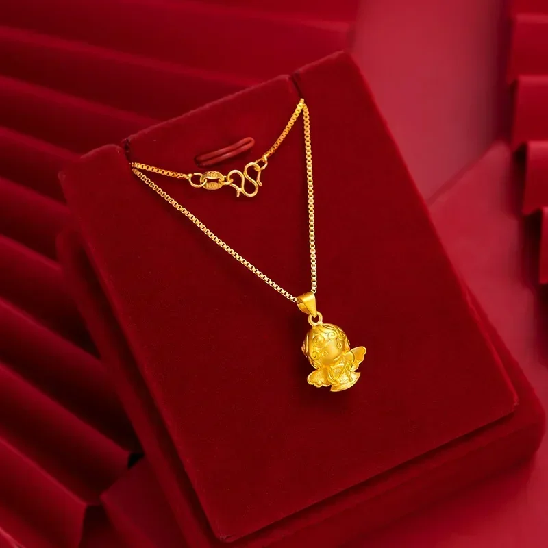 

9999 Real Gold 24K Women's Japan and Korea Fashion 3D Hard Gold Angel Necklace Angel Pendant Collarbone Chain