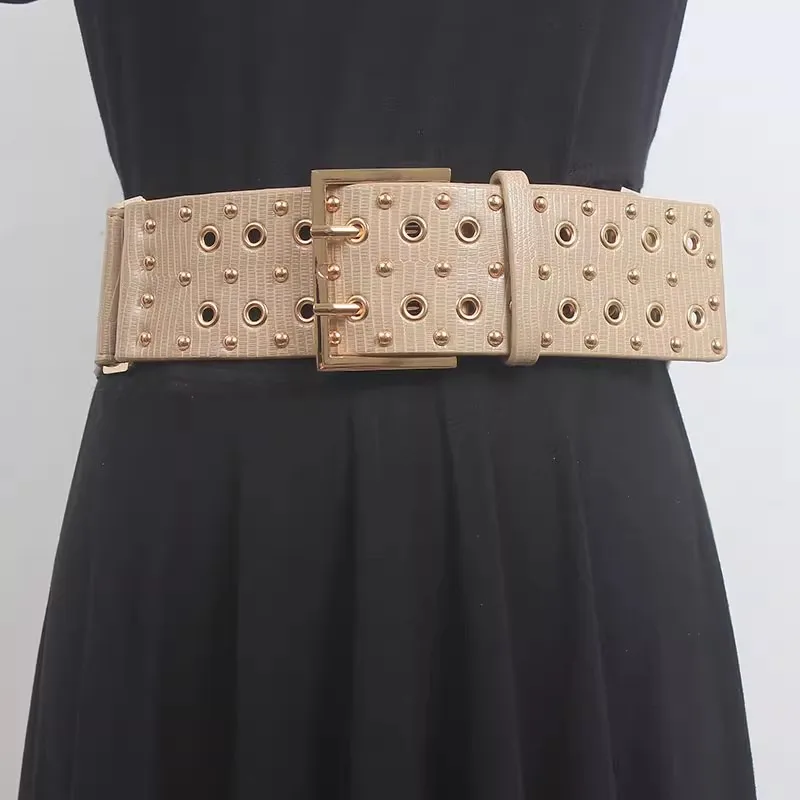 Women's Runway Fashion Rivet Elastic PU Leather Cummerbunds Female Dress Corsets Waistband Belts Decoration Wide Belt R155