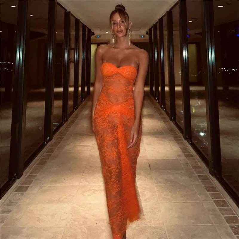 Spifore สปาเก็ตตี้สายคล้องคอผู้หญิงชุดเซ็กซี่ลูกไม้ Patchwork ดูผ่าน Maxi Vestidos สีดําชุดปาร์ตี้คลับ