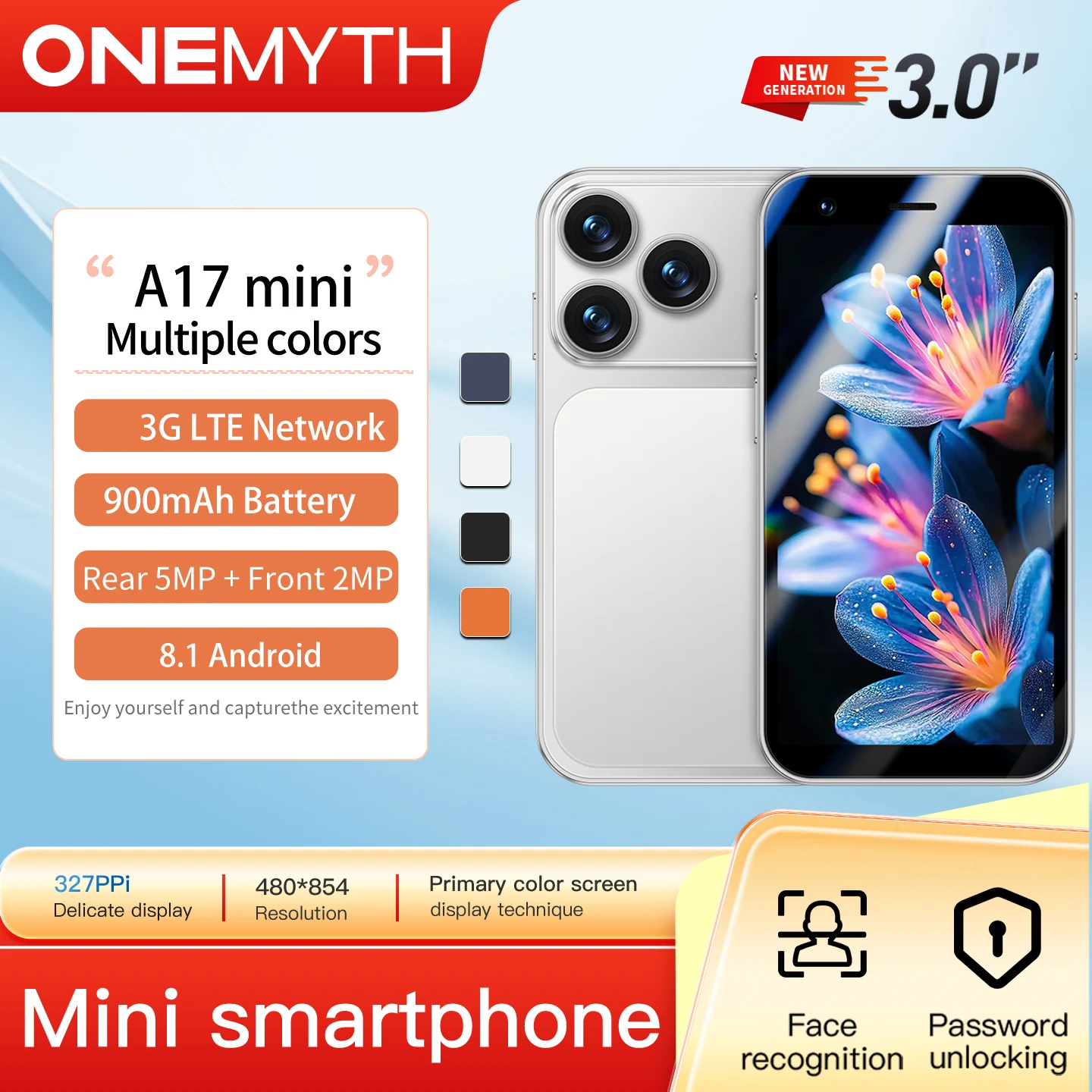 ONEMYTH A17 Mini features 3G network connectivity, dual 5-megapixel front and rear cameras, and multiple color options.