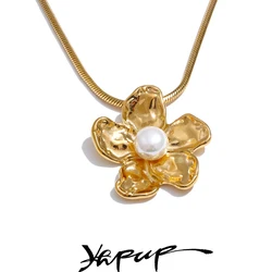 Yhpup 47+7cm New Arrival Stainless Steel Inlaid Pearls Metal Flower Trend Charm Pendant Necklace Elegant Fashion Popular Jewelry