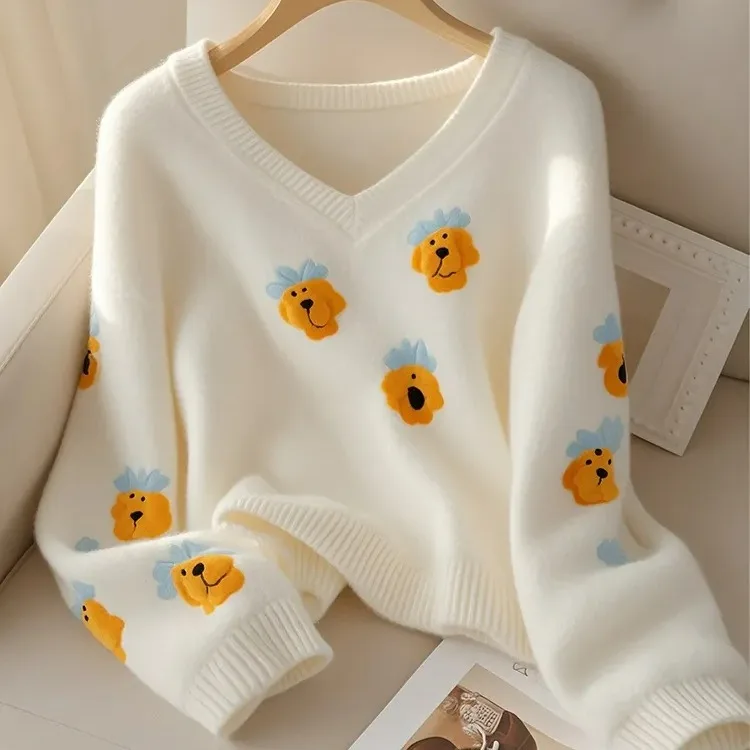Loose Long Sve V-Ne Knitted Dog Cartoon Sweatirt Outerwear Fufu White Lazy Sle Korean Faion Women's Sweater Coat