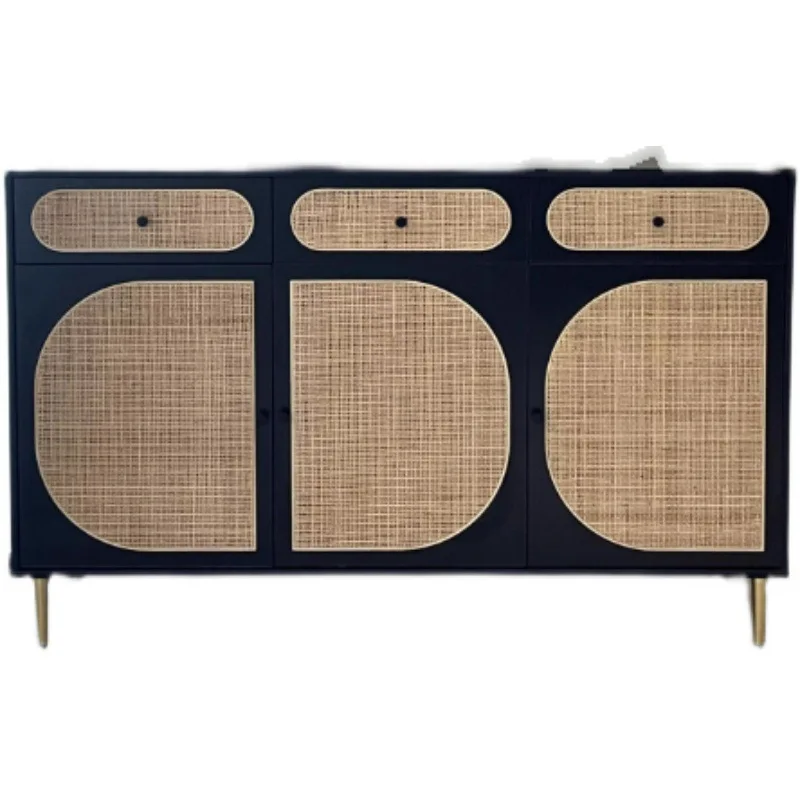 

Скандинавский обеденный боковой шкаф из цельного дерева из ротанга, простой черный входной шкаф для гостиной, чайный шкаф с противоположной дверью в японском стиле