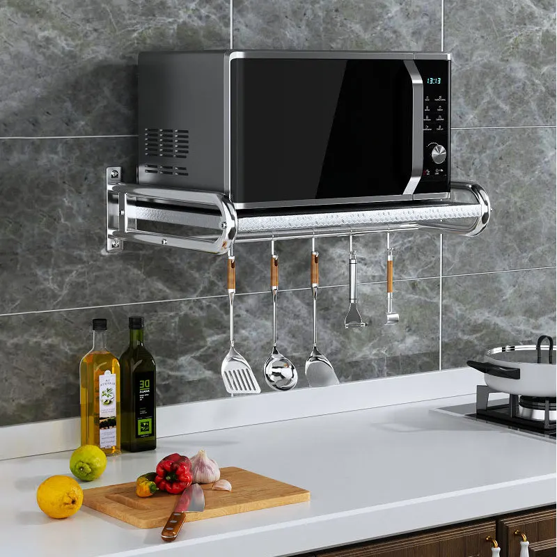 

Настенная стойка для организации микроволновой печи из нержавеющей стали, металлические крючки для держателя лопаточки, полка для хранения бутылок с специй, кухня