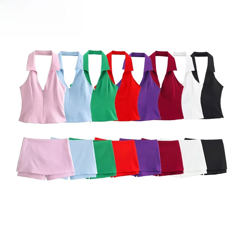 

ZBZR Spring New Women's Sexy Ne Hanging Slim Fit Casual ort Strap Vest Two Piece Set Polyester Fiber ort Sve V Ne