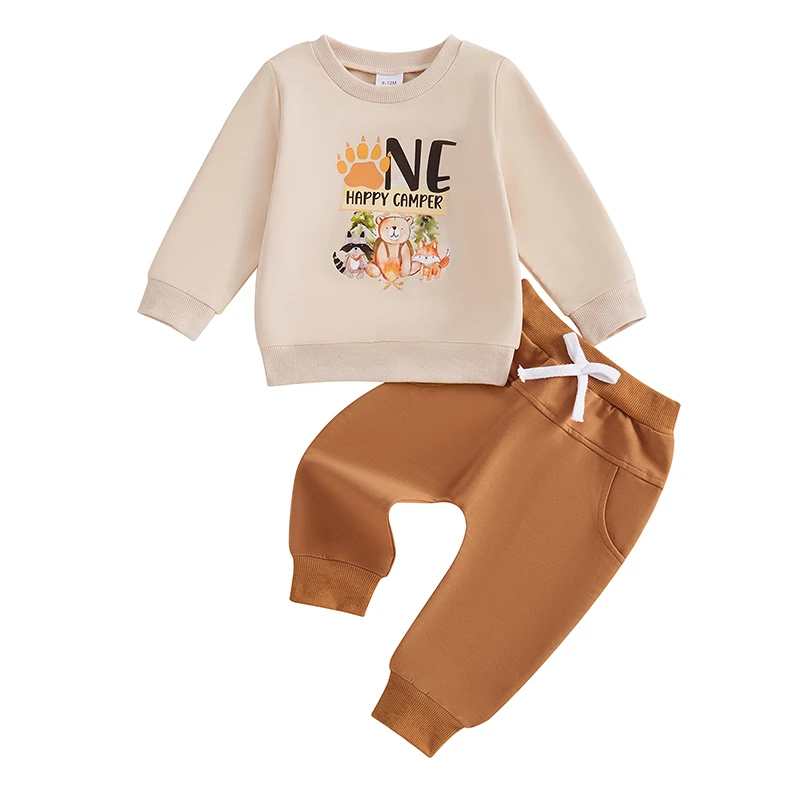 Baby Birthday Outfit Bear Letter Print Long Sleeve Sweatshirt Elastic Waist Pants 2 Piece Set for Boys Girls