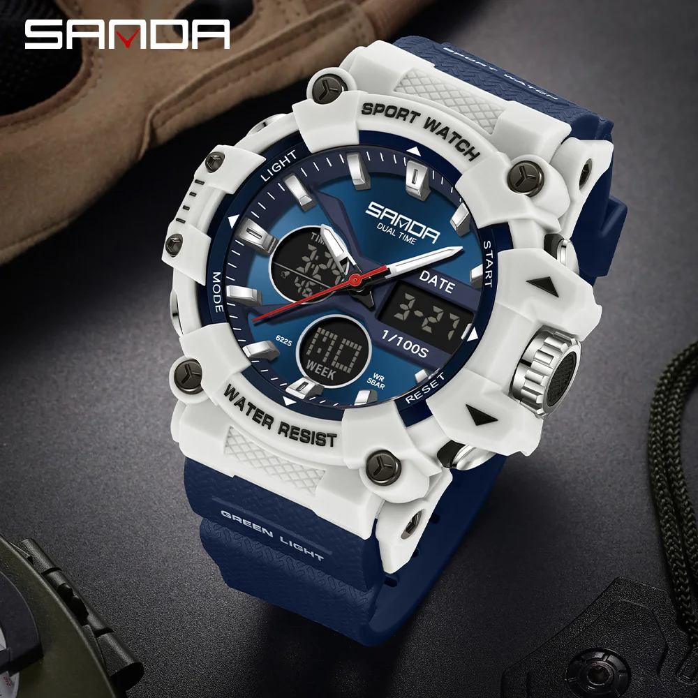 SANDA6225 Fashion Men's Sports Watch Women's Quartz Digital Dual Display Watch Shockproof Waterproof Camping Watch