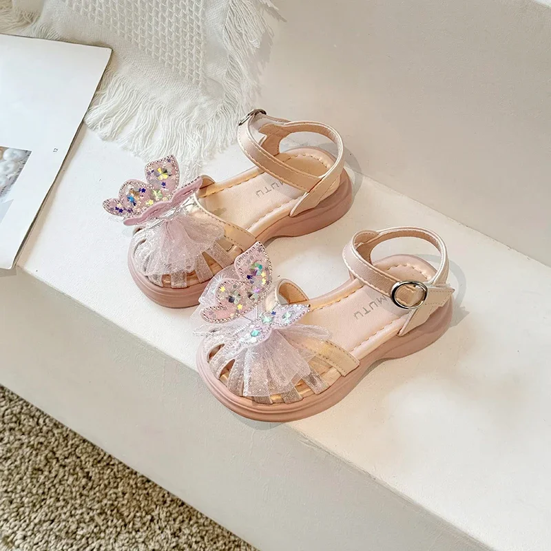 Kinder Ronde Neus Kanten Strik Antislip Zachte Zolen Prinses Sandalen Rijst Wit En Roze, Meisjes 2024 Zomer Nieuwe Mode Sandalen