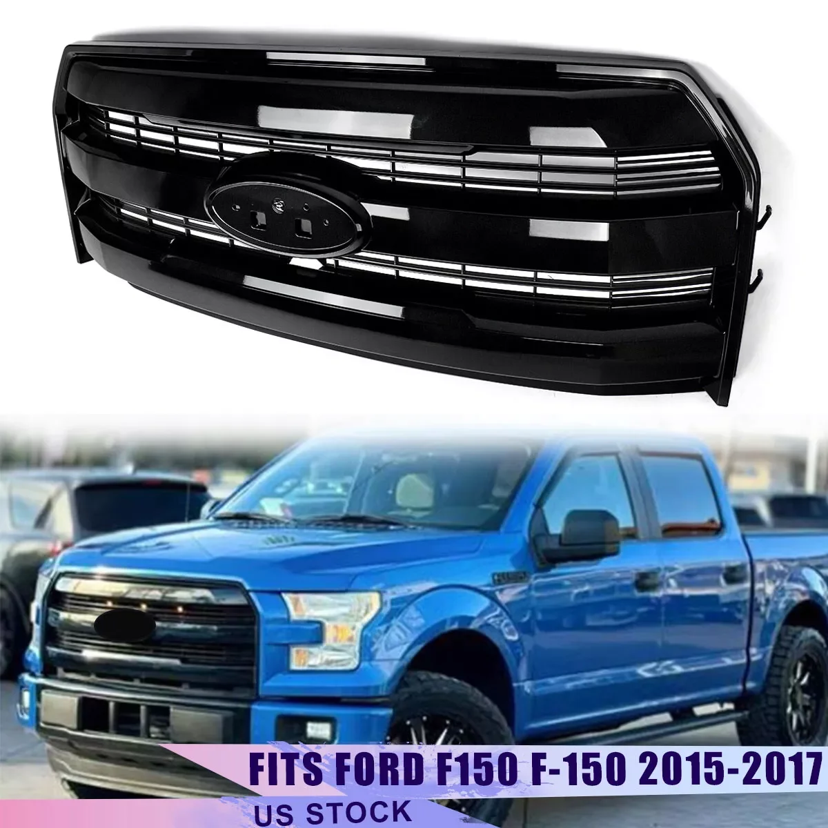 Front Grille Assembly Modified For Ford F150 F-150 Front Bumper Upper Grille w/ Camera Hole 2015 2016 2017 Tuxedo Black UH/M7221