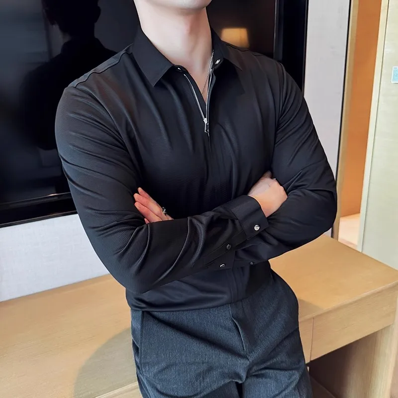 New High Quality Casual Shirt For Men Fashion Zipper Long Sleeve Solid Color Smart Casual Slim Fit Turn Down Collar Mens Blouse
