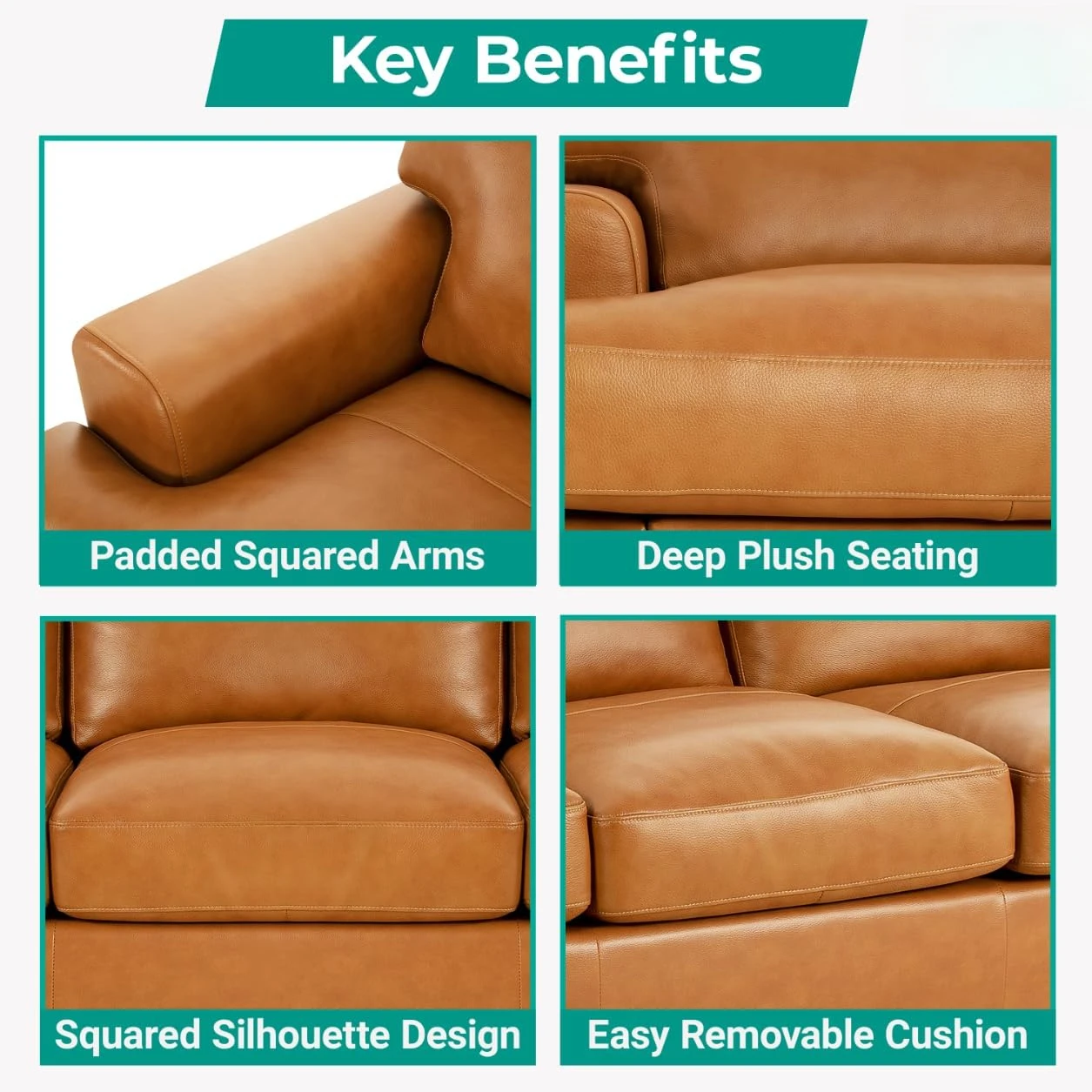 Genuine Leather Sofa - Luxurious Comfort, Goose Feather Cushion Filling, Square Arm Design, Sturdy Block Legs