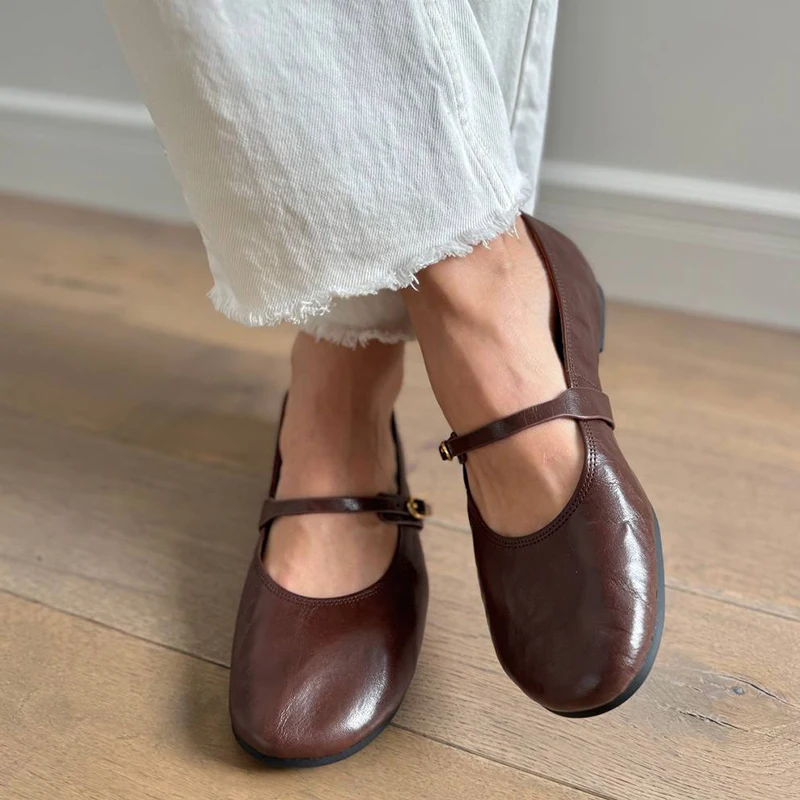 BEAUTODAY Mary Janes Women Calfskin Leather Round Toe Pleated Pattern Buckle Strap Solid Color Flat Shoes Ladies Handmade 28337 — zdjęcie 4