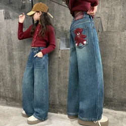 Girls Jeans Spring Autumn New Bear Embroidery Big Kids Trendy Straight Leg Denim Pants Children Wide Leg Trousers 4-14Years