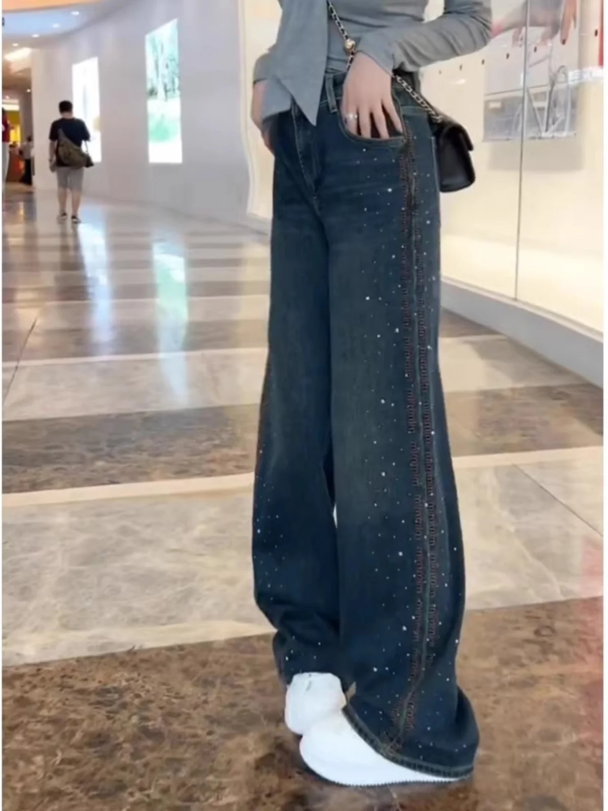 

Тяжелые джинсы со стразами и высокой талией, широкие брюки, женские весенне-осенние утягивающие джинсы небольшого размера, прямой крой, длина до пола