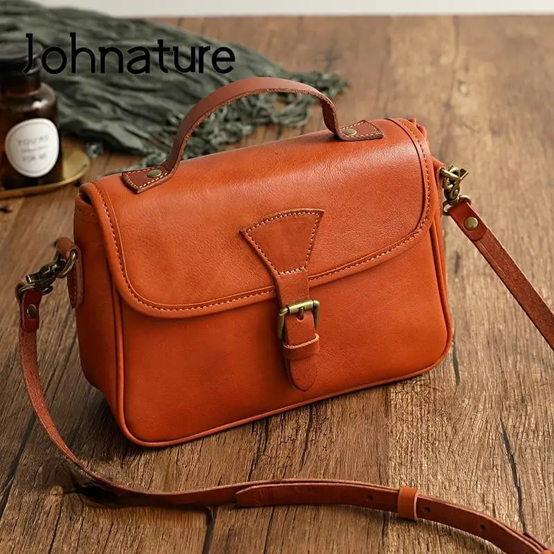 Johnature Retro Genuine Leather Women Messenger Bag Simple Solid Color Natural Soft Cowhide Versatile Shoulder & Crossbody Bags