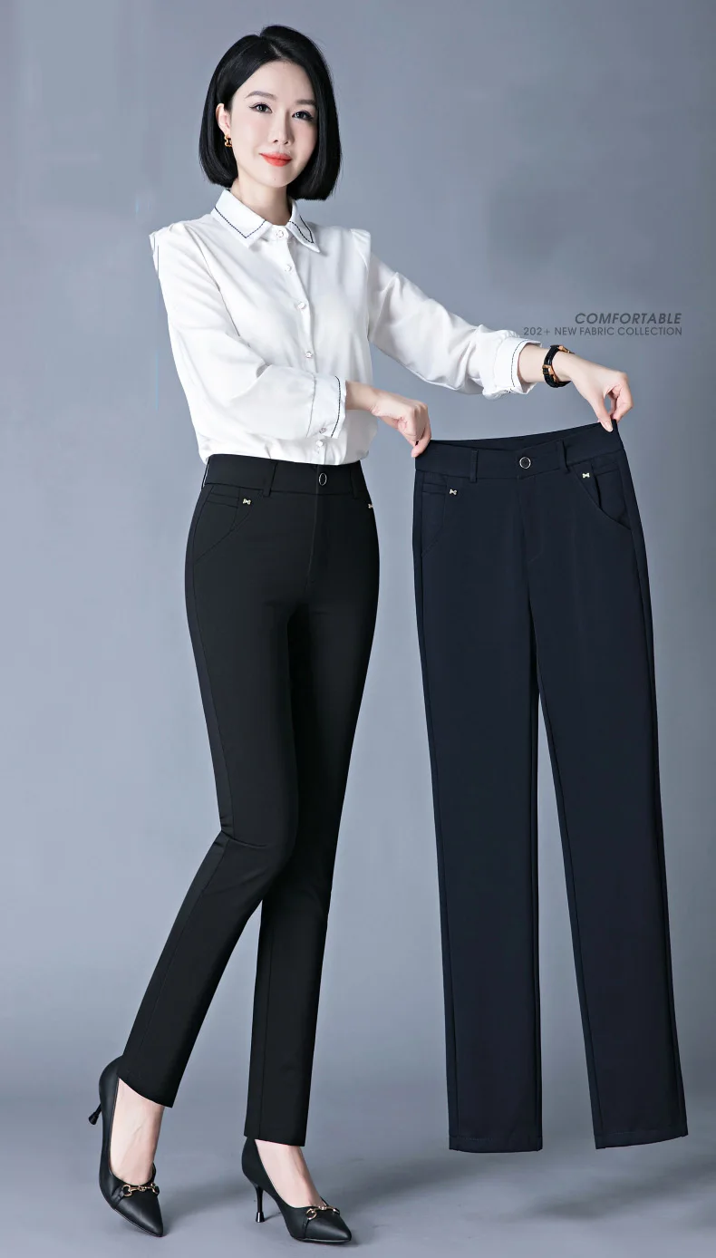 7XL Spring Autumn Casual Button Elastic Mid Waist Black&Navy Blue Straight Trousers Office Lady Quick Drying Suit Pants Female