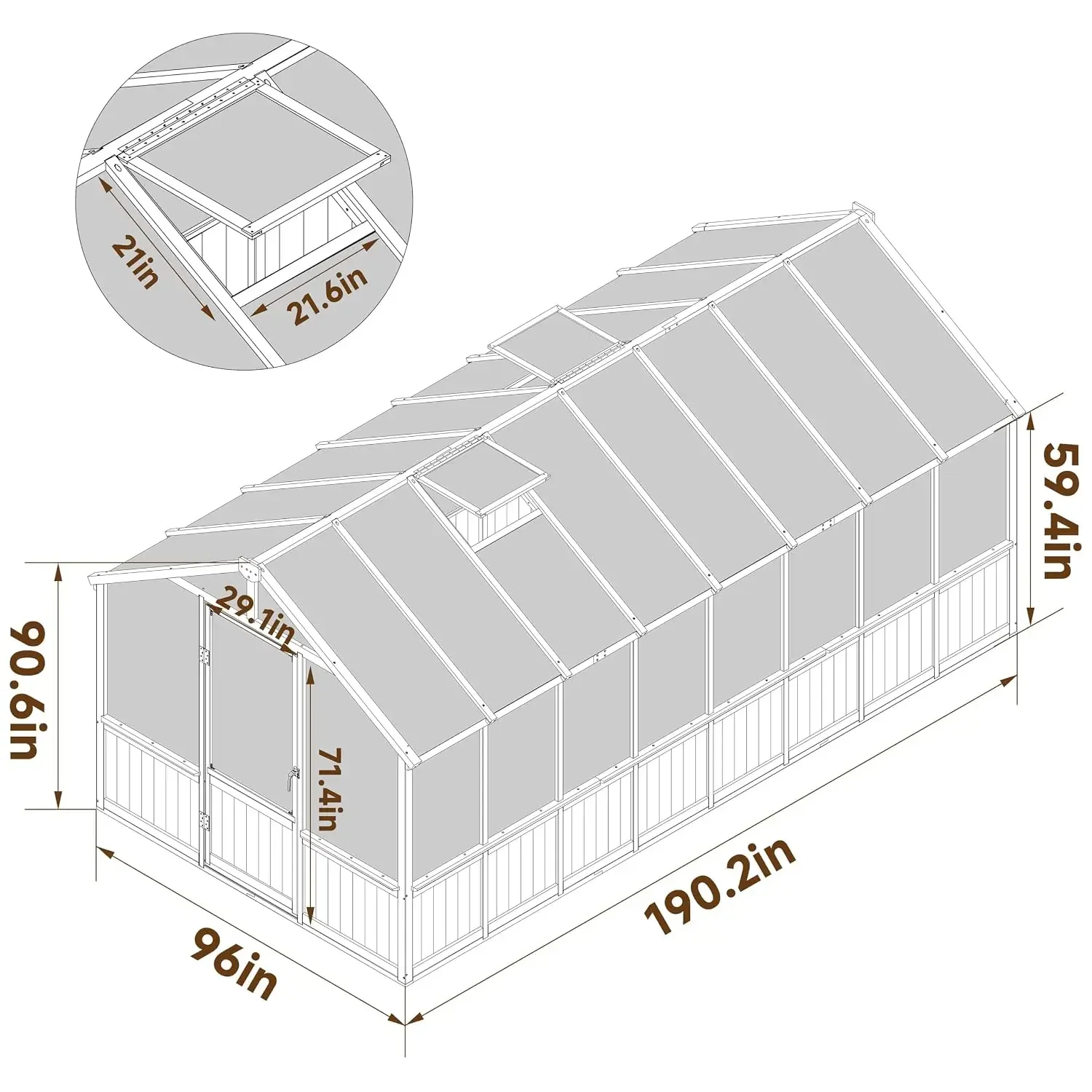 8x16 FT Greenhouse for Outdoor, 6MM Thick Polycarbonate Panel Wooden Walk-in Green House with Adjustable Roof Vents, Customized